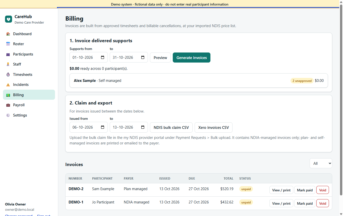 Billing preview listing invoices ready for each participant