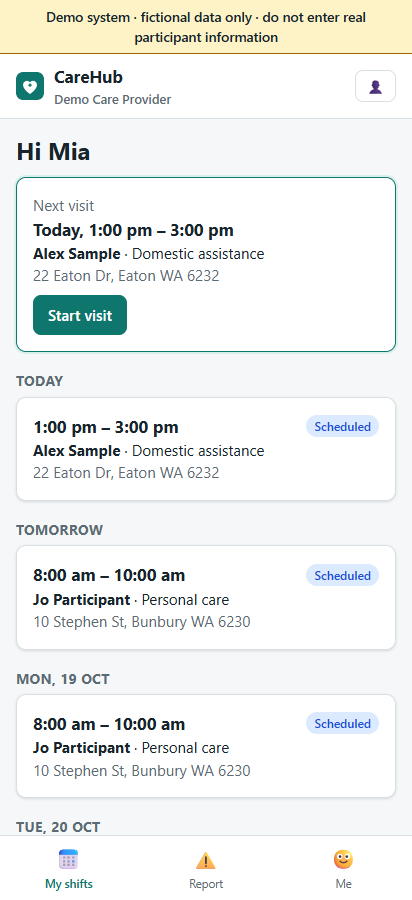 Support worker app showing the next visit and upcoming shifts