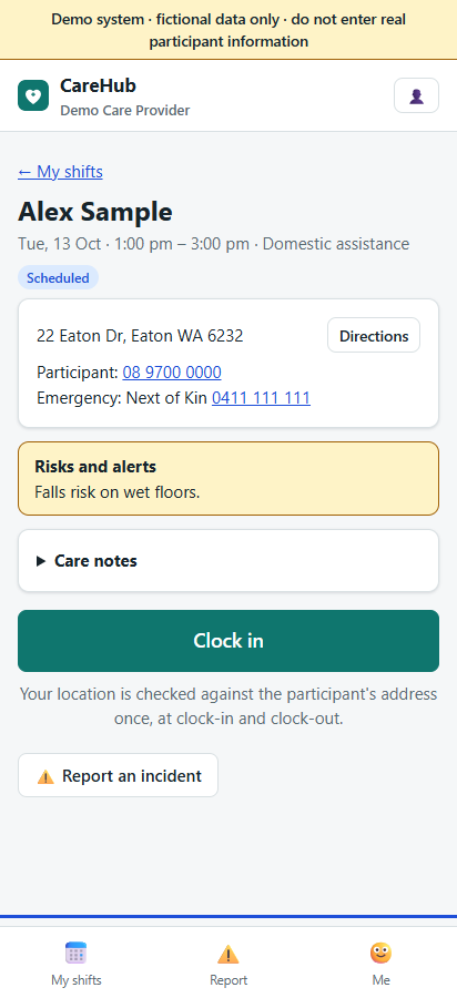 Worker app: visit screen with risks, contacts and clock-in button