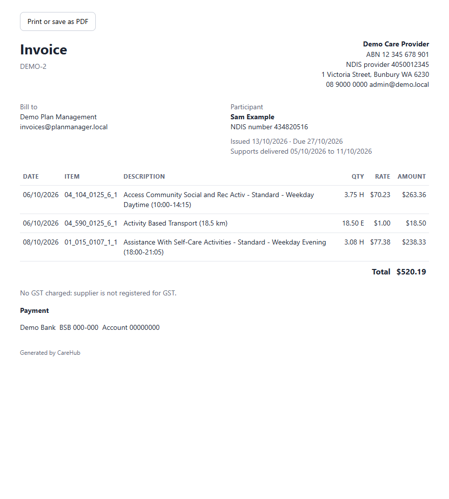 Printable invoice with NDIS item numbers